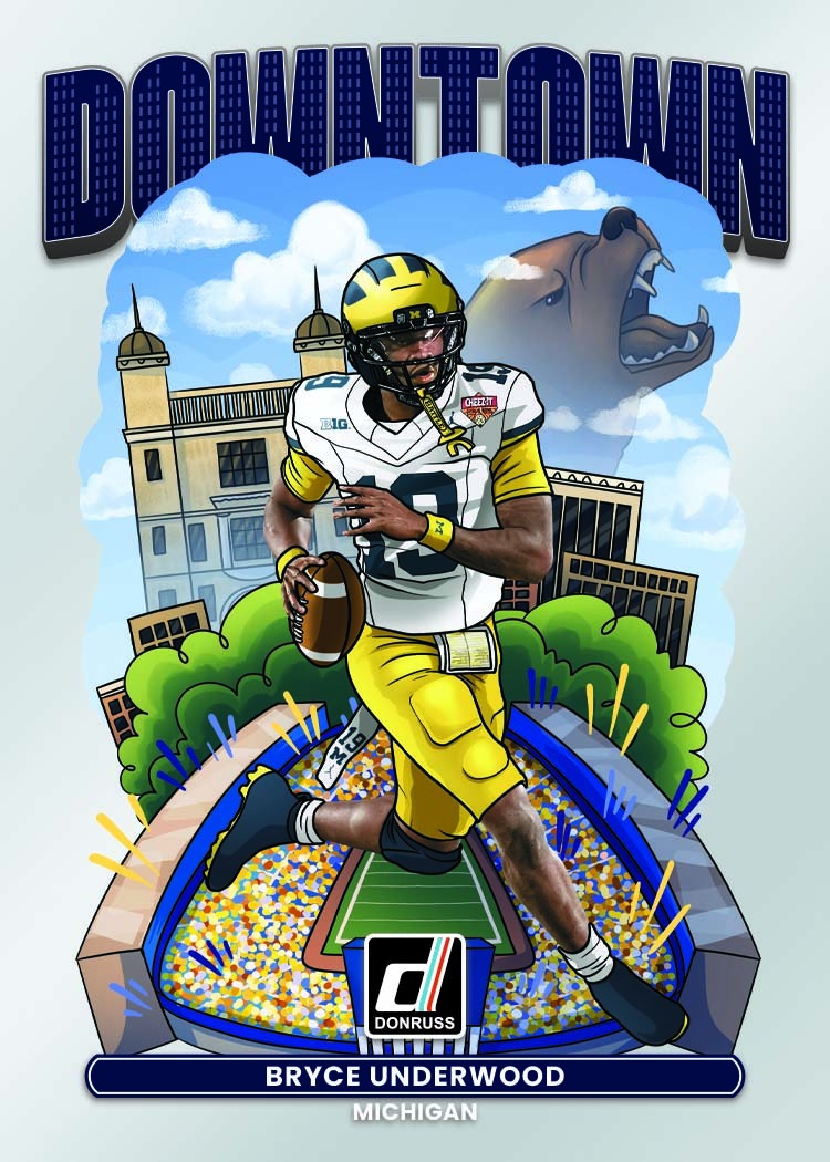 Bryce Underwood in Michigan white and maize, surrounded by campus buildings, a stadium and an illustrated wolverine.