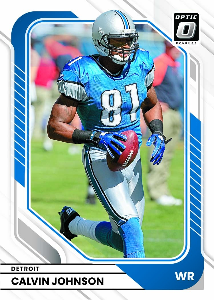 Calvin Johnson in Detroit blue inside a blue-and-white angular Optic design.