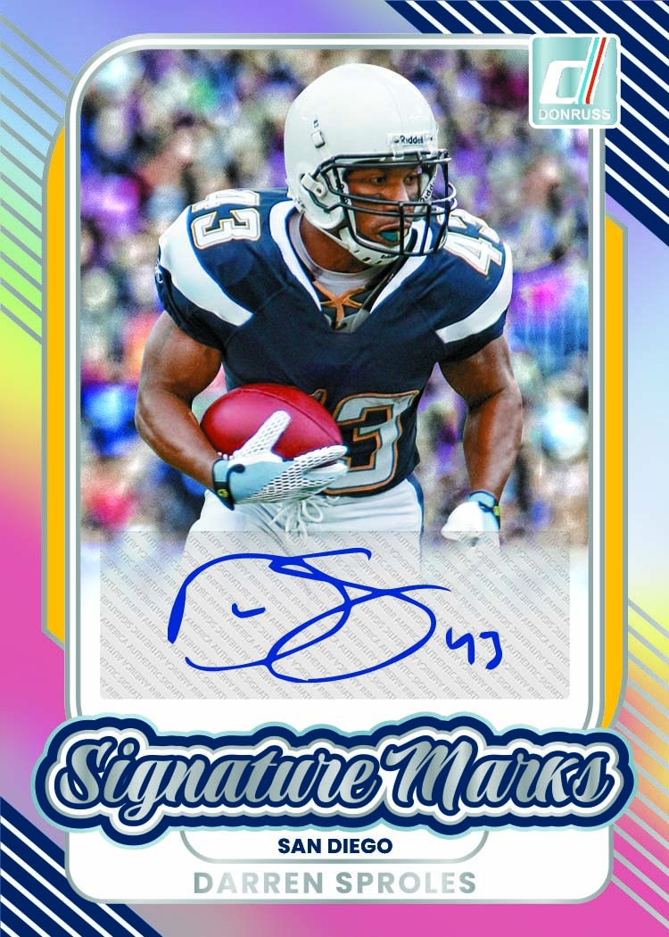 Darren Sproles in a San Diego uniform above a separate signature panel and flowing Signature Marks lettering.