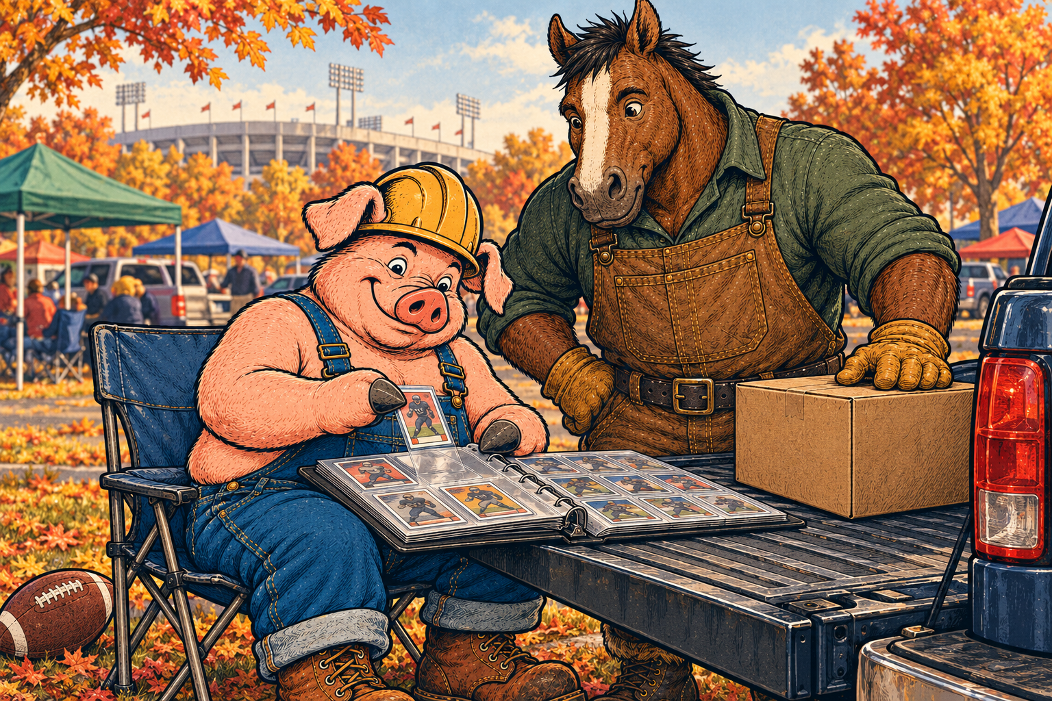 Hammy and Clyde looking through protected football cards on a pickup tailgate near a stadium.