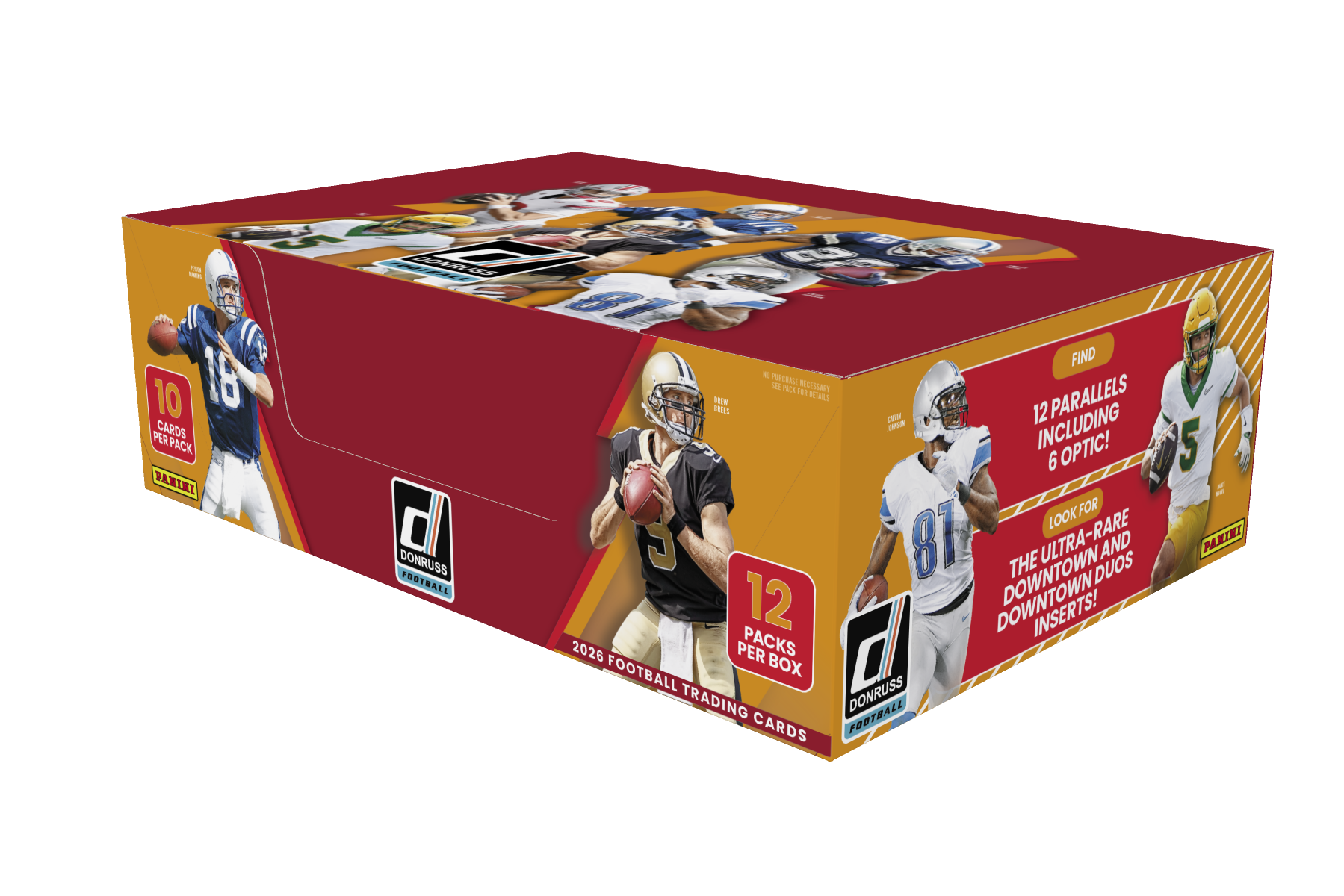 The burgundy-and-gold 2026 Donruss Football Hobby box with football players and its pack-content callouts.