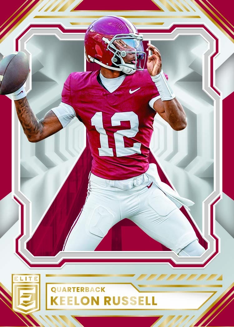 Keelon Russell preparing to throw in Alabama crimson, framed by angular silver facets and burgundy panels.