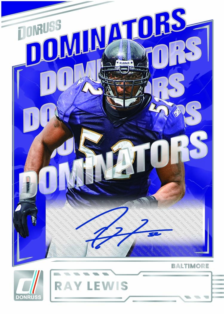 Ray Lewis in Baltimore purple, with diagonal Dominators lettering behind him and a signature across the lower panel.