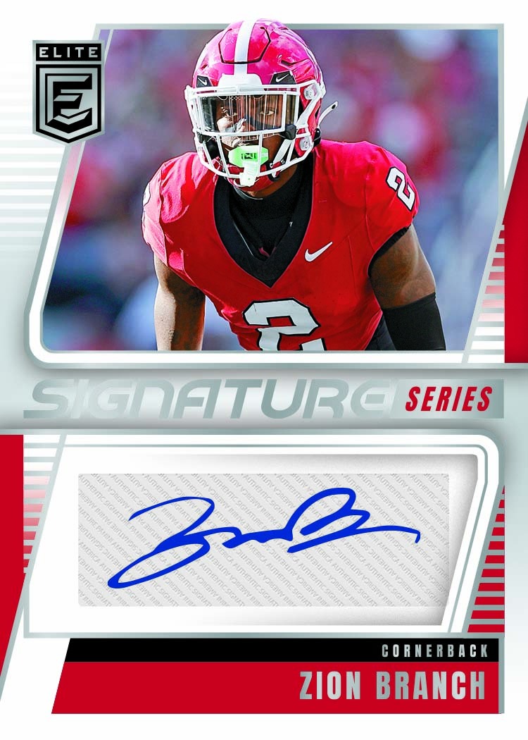 Zion Branch in a red Georgia uniform above a large white autograph area on an Elite Signature Series design.