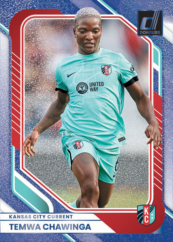 Temwa Chawinga in a teal Kansas City Current kit inside a red, white and blue Donruss frame.