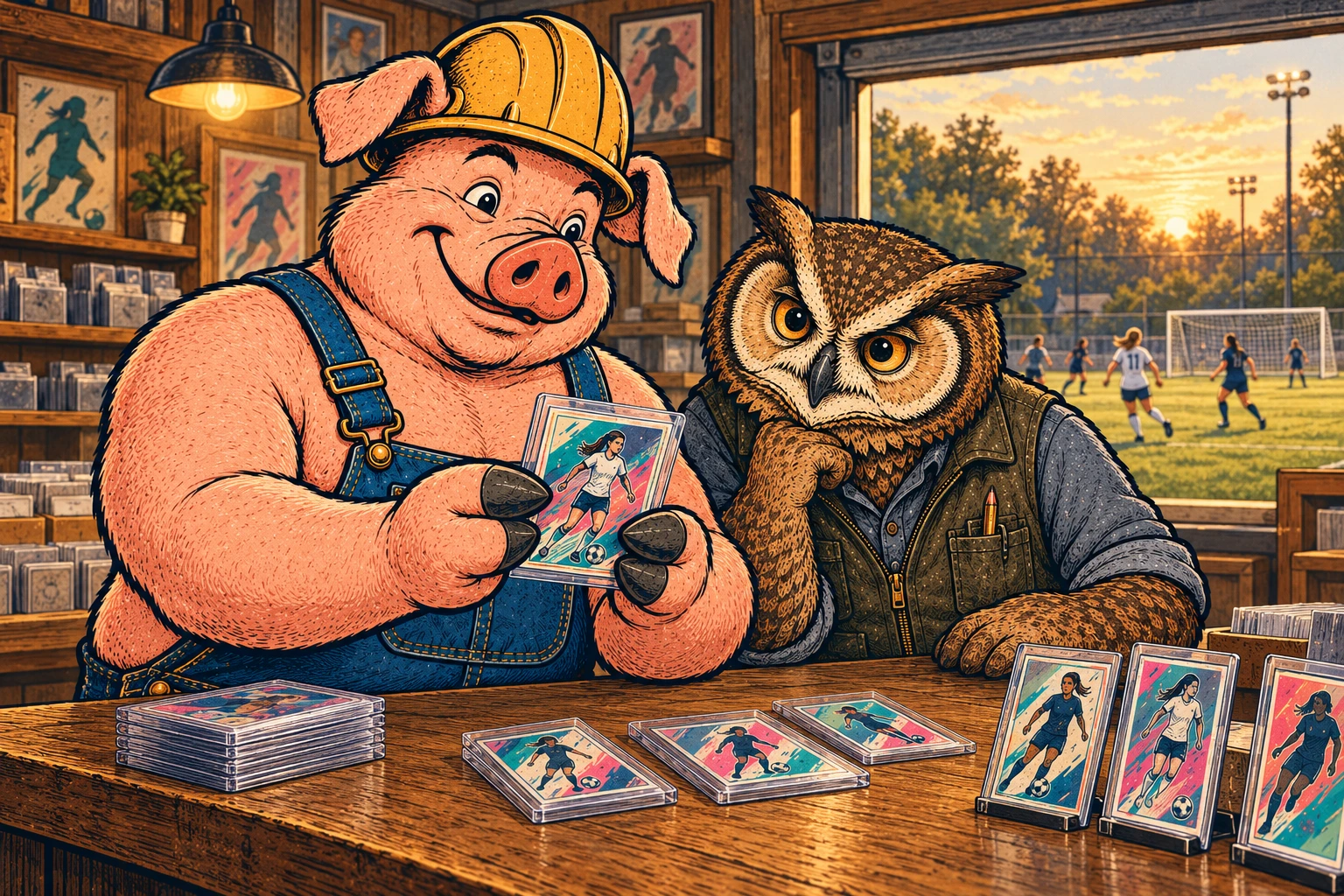 Hammy and Lemmy examine protected soccer cards at their shop counter while a women’s match continues outside.