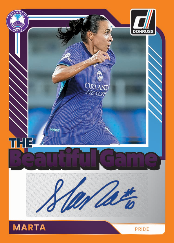 Marta in Orlando Pride purple above a large blue signature panel on an orange-framed Donruss Beautiful Game autograph preview.