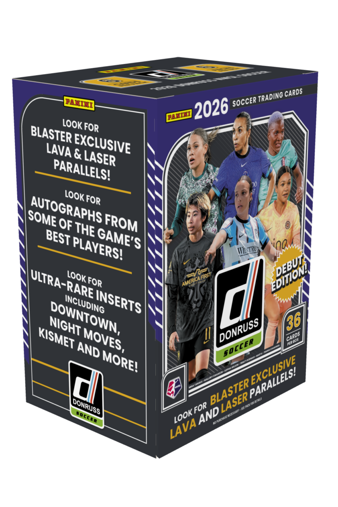 Panini’s purple 2026 Donruss NWSL debut-edition blaster with six players, 36-card contents and Lava and Laser parallel labeling.