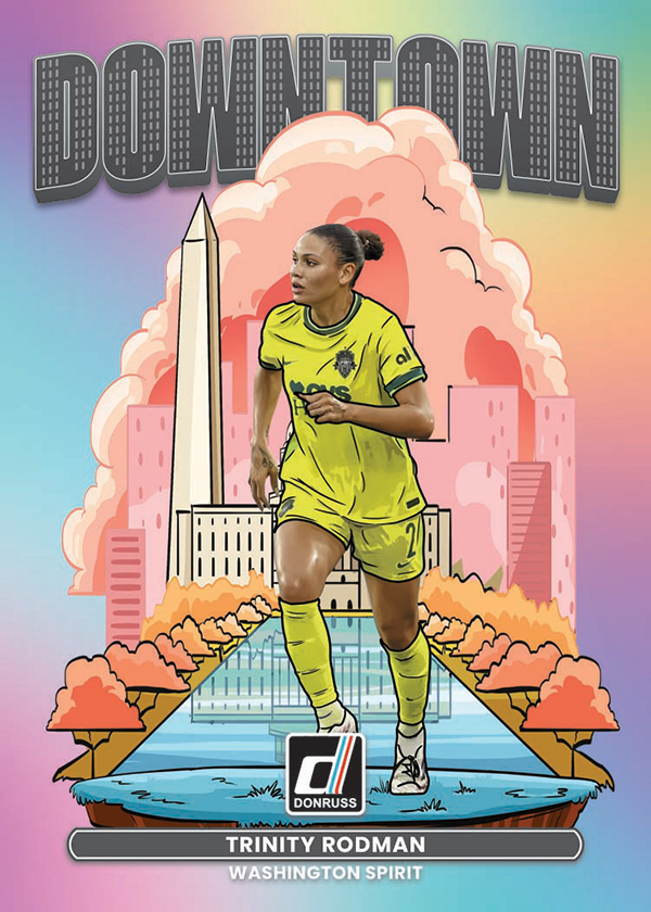 Trinity Rodman in Washington Spirit yellow in front of an illustrated Washington Monument, reflecting pool and pink sky.