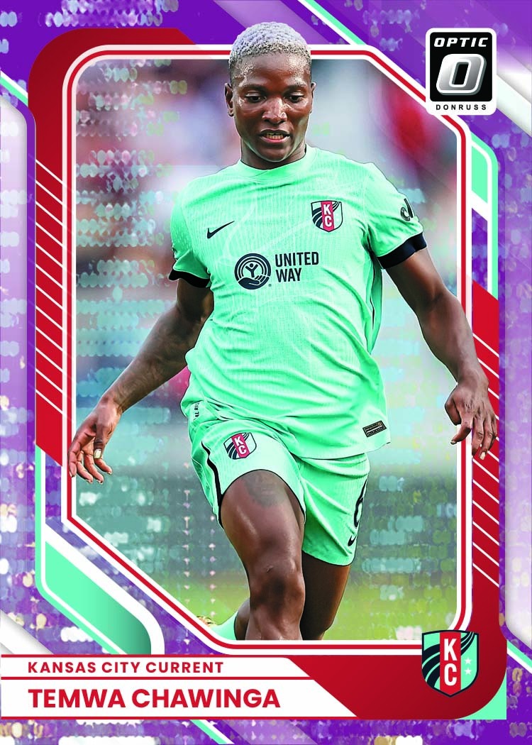 Temwa Chawinga in Kansas City Current green on a purple-accented Optic base design with red and teal framing.