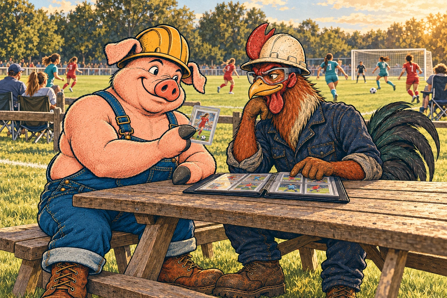 Hammy and Riggs compare protected soccer cards at a picnic table beside a women’s soccer match.