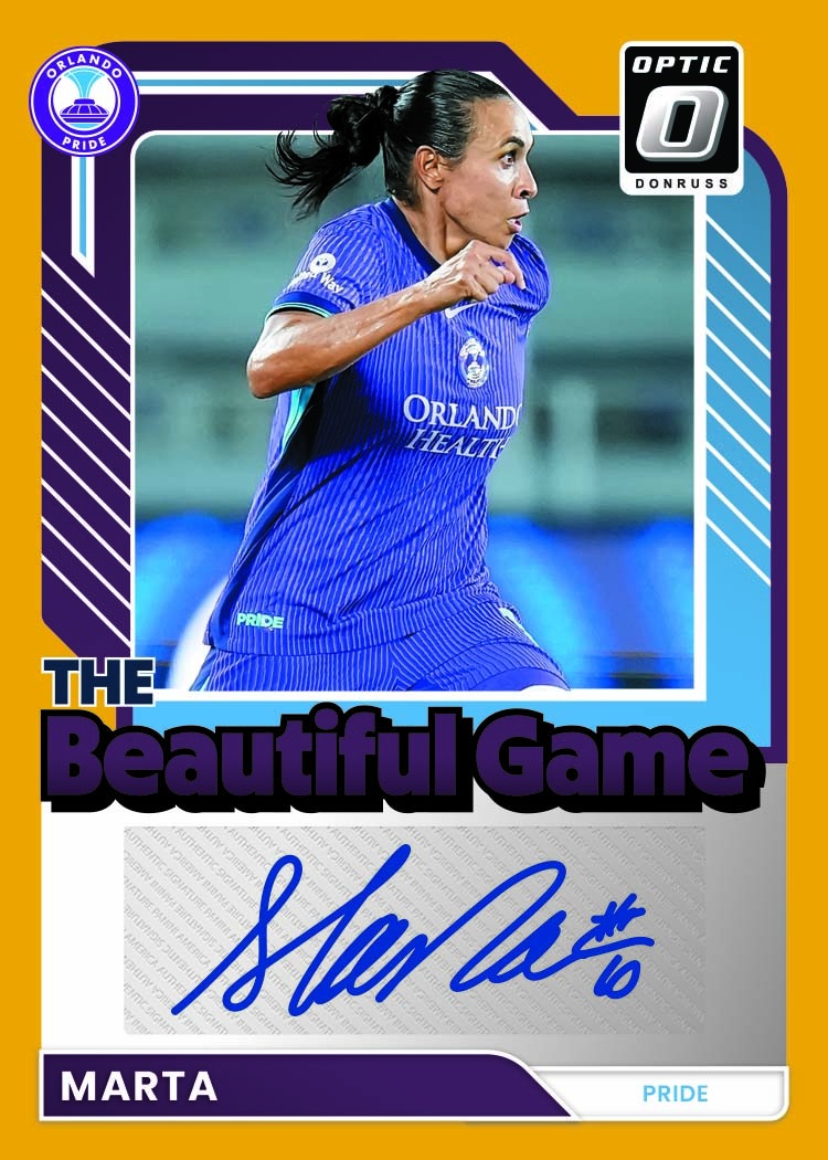 Marta in Orlando Pride purple above a broad blue-ink autograph area on The Beautiful Game Optic design.