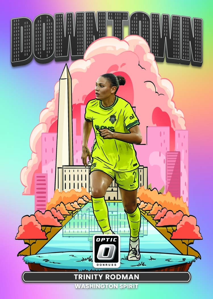 Trinity Rodman in Washington Spirit yellow on an Optic Downtown card with the Washington Monument and reflecting pool.
