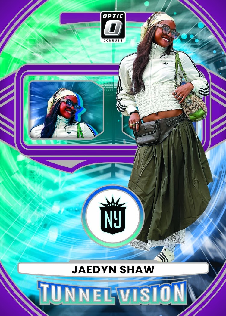 Jaedyn Shaw wears a cap, glasses, cropped jacket and pleated skirt on a green-and-purple Tunnel Vision Optic card.