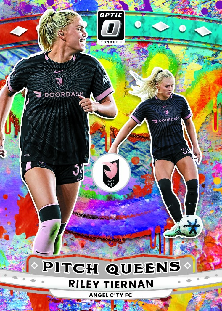 Riley Tiernan appears in two Angel City photographs against a colorful paint-splash Pitch Queens background.