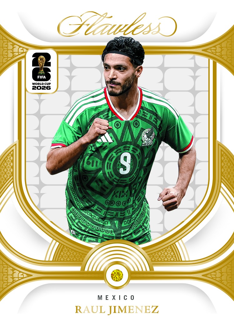 Raúl Jiménez in Mexico's green shirt inside the gold frame of his gemstone base card.