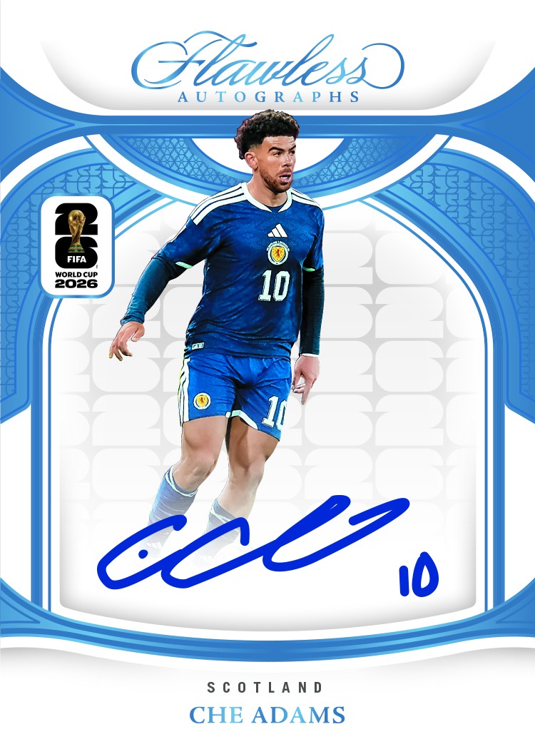 Che Adams in Scotland's navy kit above a broad blue autograph on Flawless Autographs Platinum.