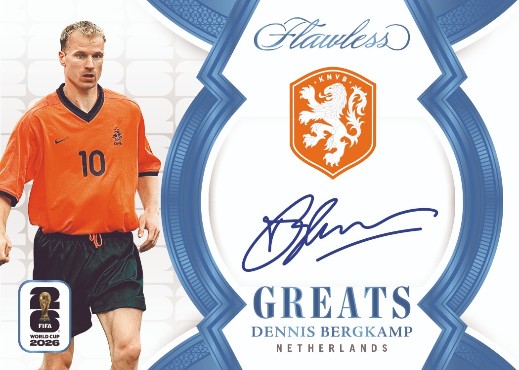 Dennis Bergkamp in the Netherlands' orange shirt beside the Dutch crest and autograph on Greats Platinum.