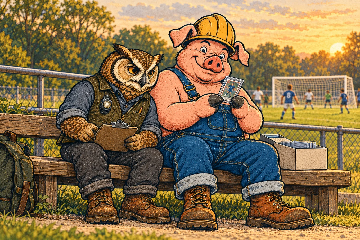 Hammy Puller and Lemmy the Owl look over soccer cards on a wooden bench beside a playing field.