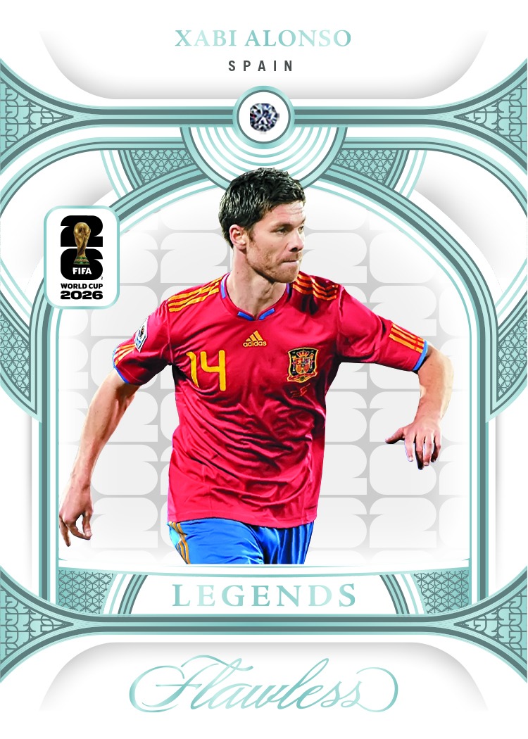 Xabi Alonso in Spain's red shirt on Flawless Legends Emerald, with the gemstone above his photograph.