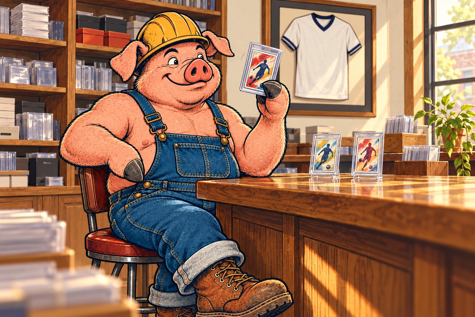 Hammy sits at the card-shop counter admiring a protected soccer card, with two cards on stands and a plain framed jersey behind him.