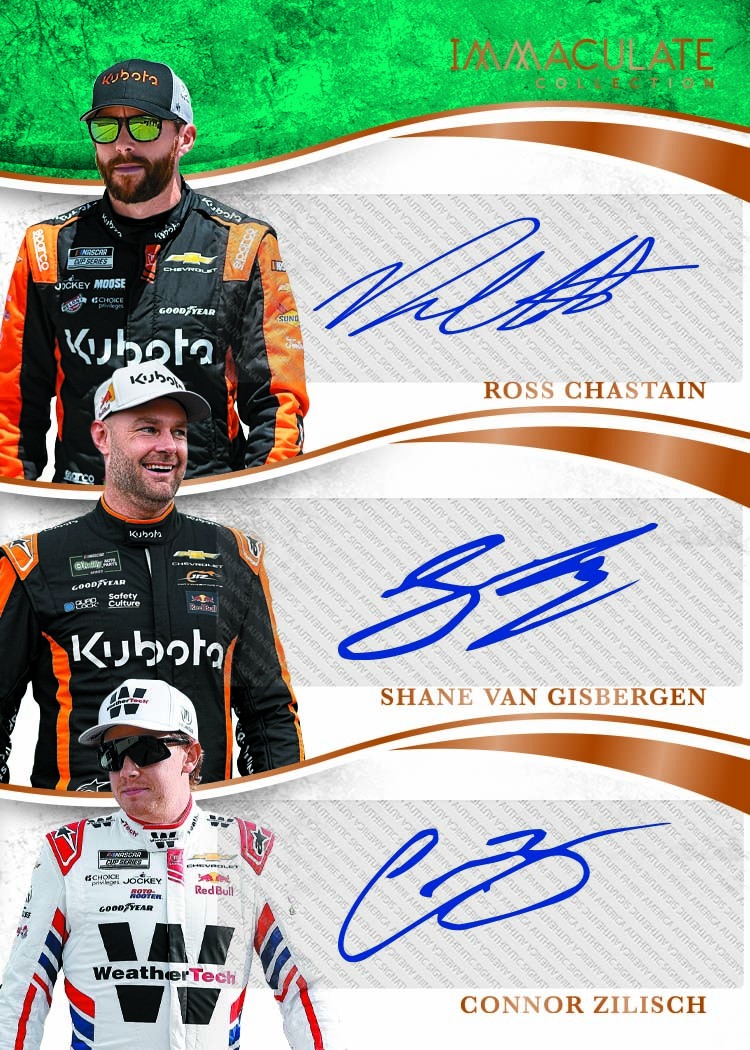 Ross Chastain, Shane van Gisbergen and Connor Zilisch arranged vertically beside three separate autograph spaces.
