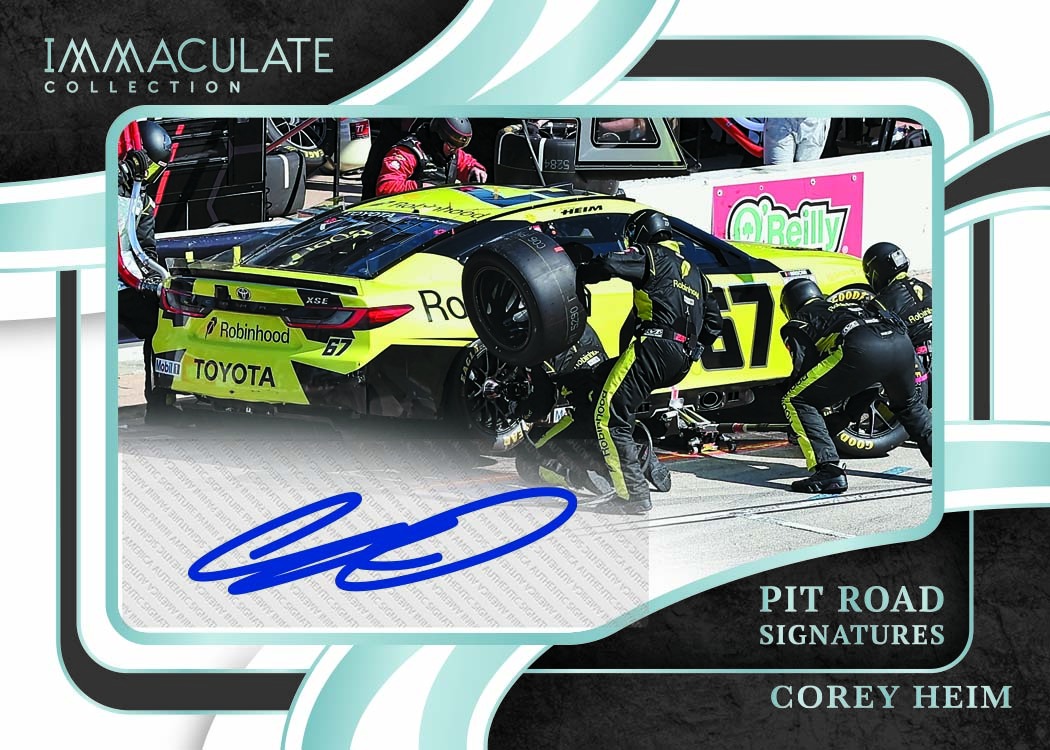 Corey Heim's yellow number 67 Toyota during a pit stop, with crew members working around the car and an autograph below.