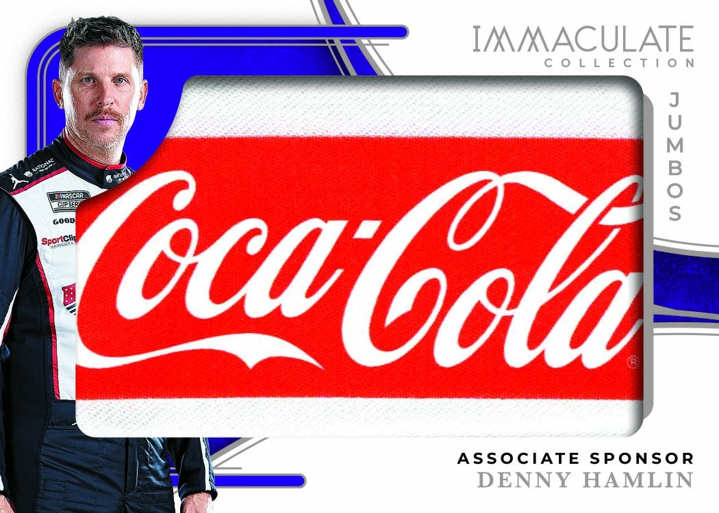 Denny Hamlin beside a large red-and-white Coca-Cola sponsor swatch that fills most of a horizontal Immaculate Jumbos design.