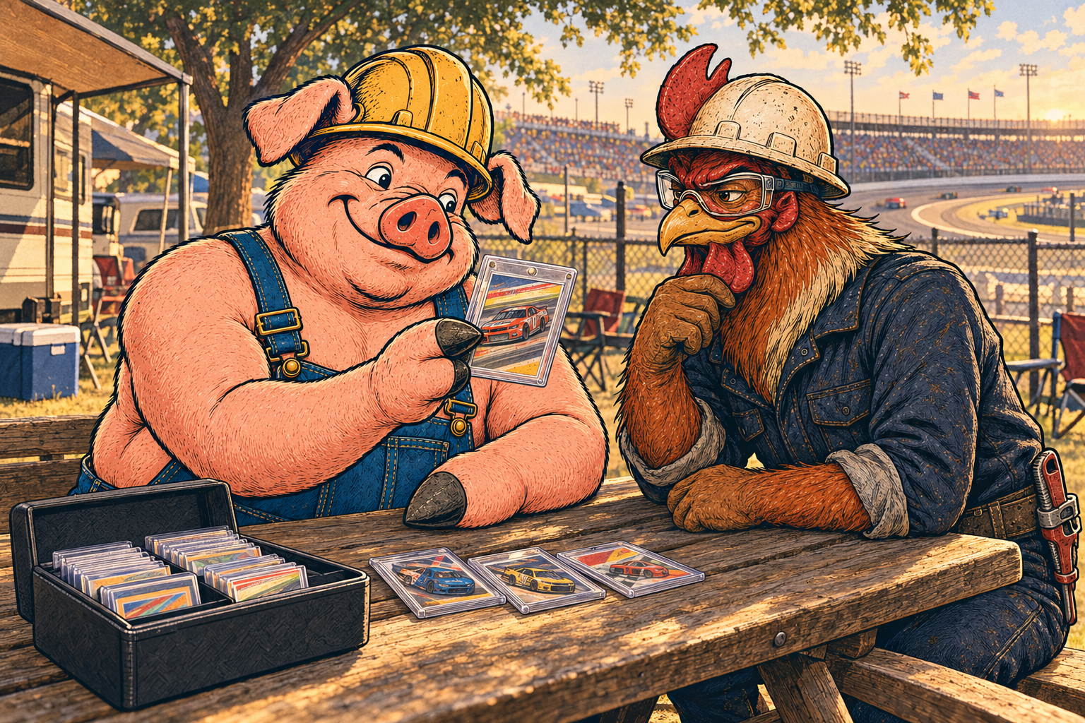 Hammy shows Riggs a protected racing card at a picnic table near an oval track.