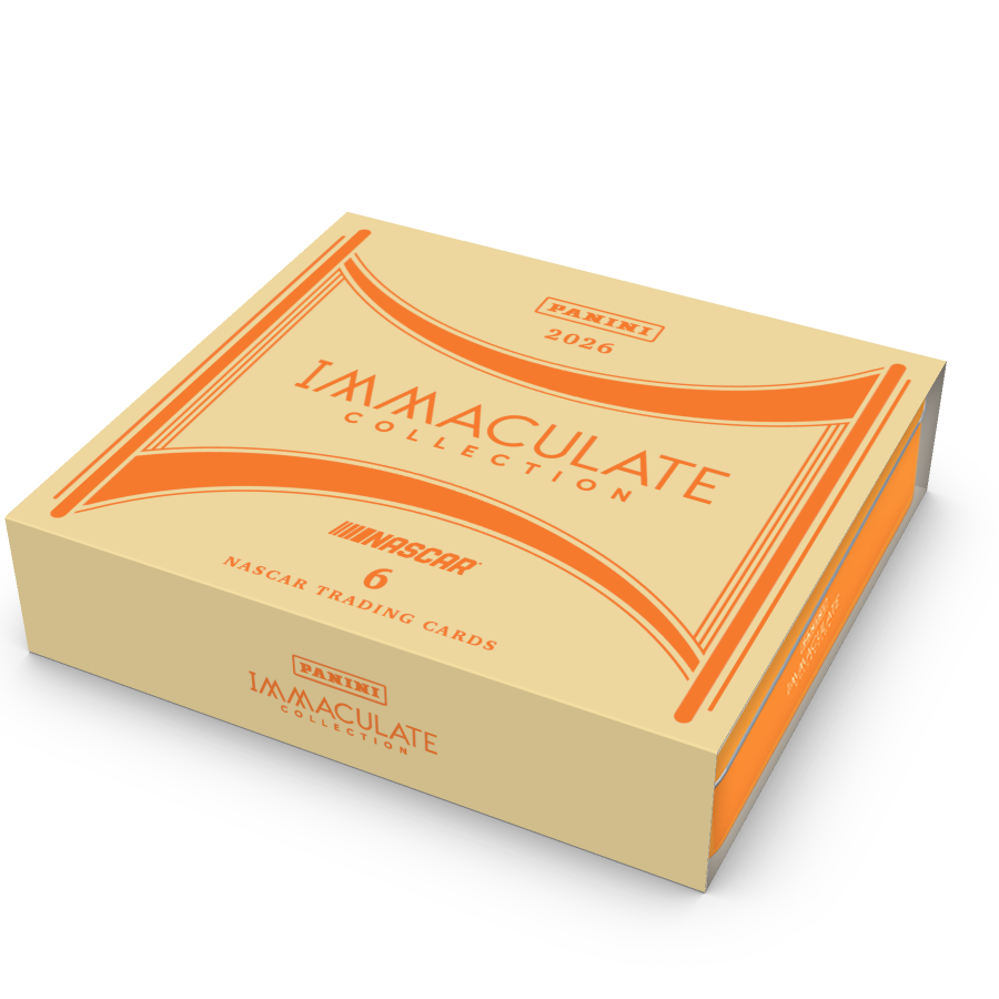 The cream-and-orange 2026 Immaculate Collection NASCAR Hobby tin with its six-card label.