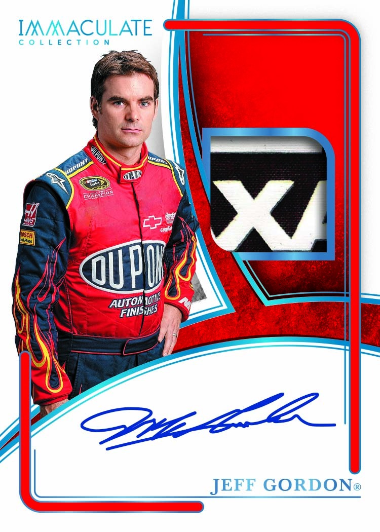 Jeff Gordon in a red DuPont firesuit beside a patch window, with a wide blue autograph below.