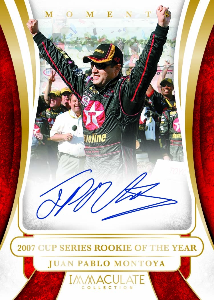 Juan Pablo Montoya raising both arms amid confetti, above an autograph and a 2007 Cup Series Rookie of the Year label.