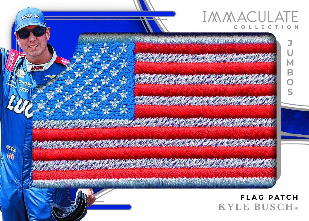 Kyle Busch beside an oversized embroidered United States flag in an Immaculate Jumbos card.