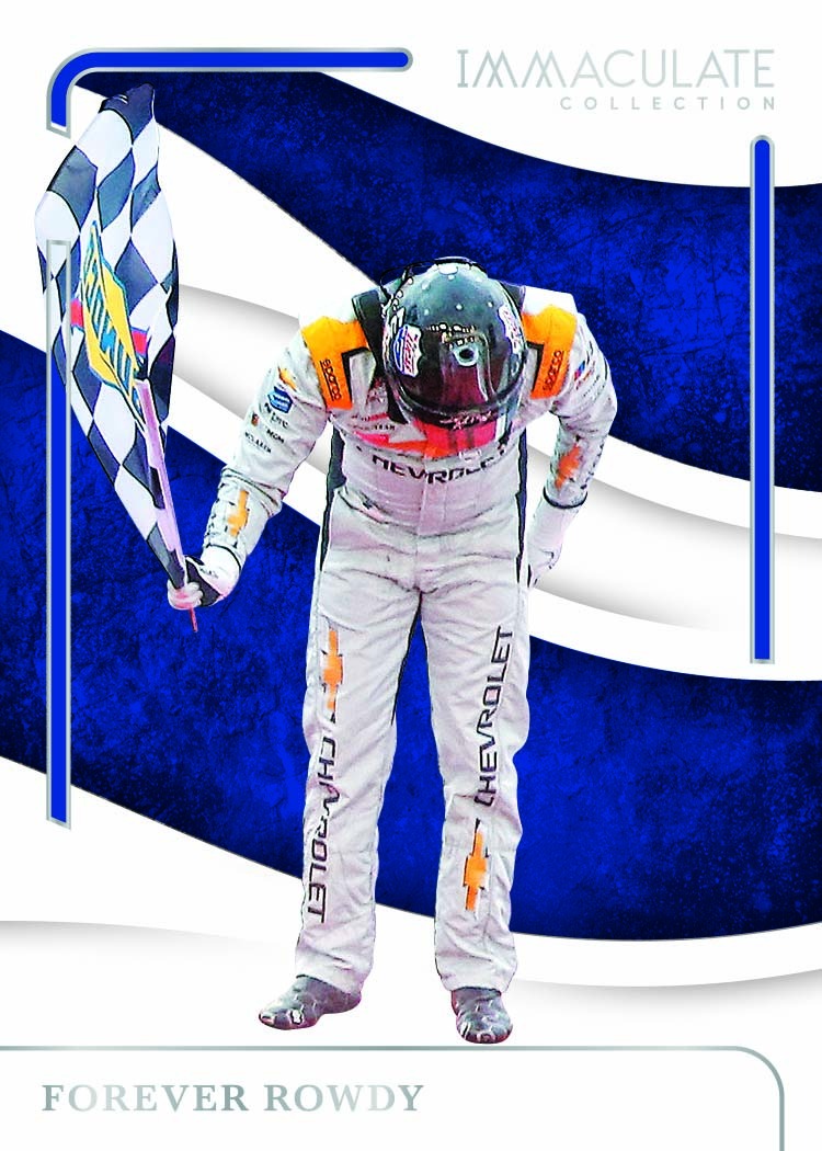 Kyle Busch bowing with a checkered flag on a blue-and-white card labeled Forever Rowdy.
