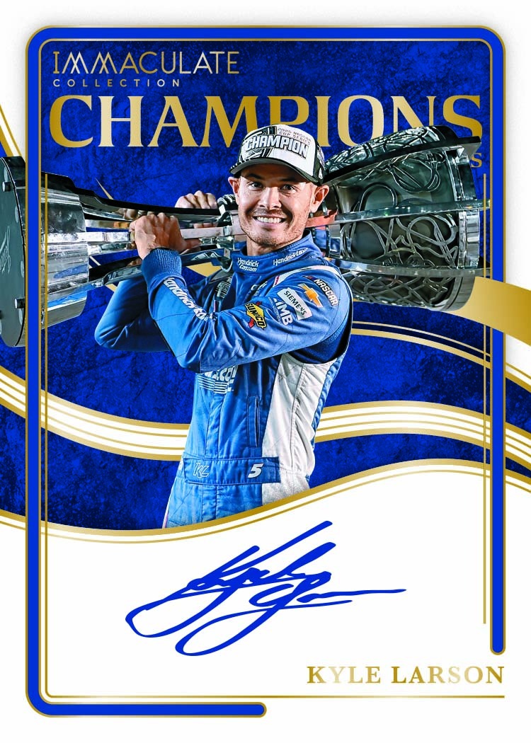 Kyle Larson in a blue firesuit with a large trophy over his shoulder, framed in blue and gold above a signature panel.