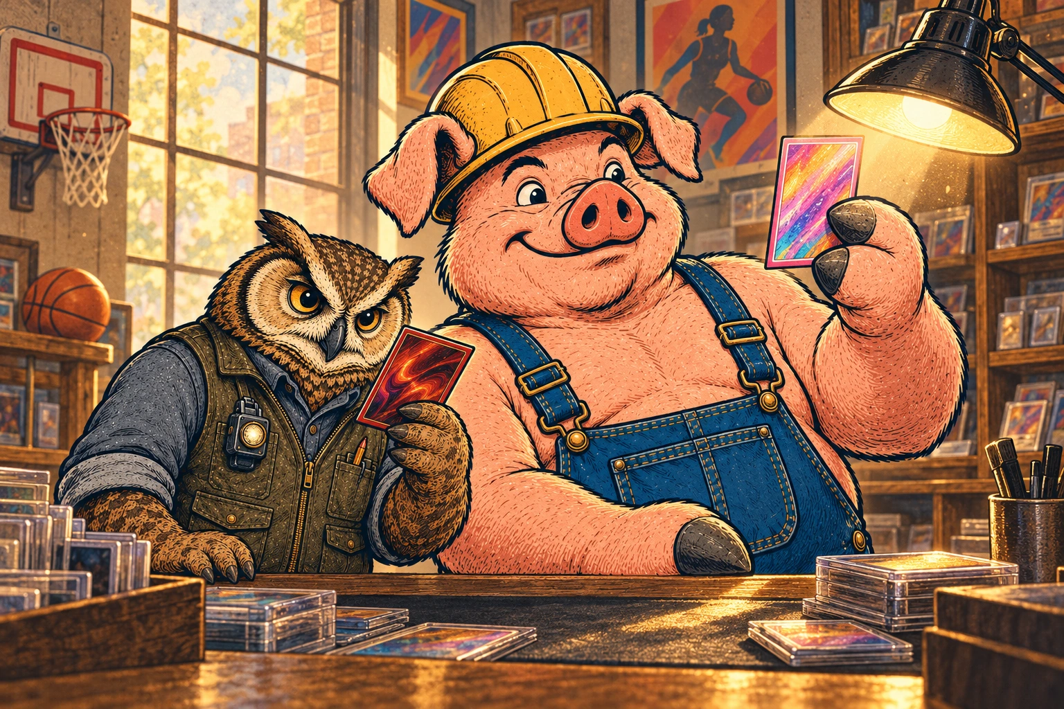 Hammy and Lemmy examine abstract pink- and red-bordered cards under a lamp in their basketball-decorated card shop.