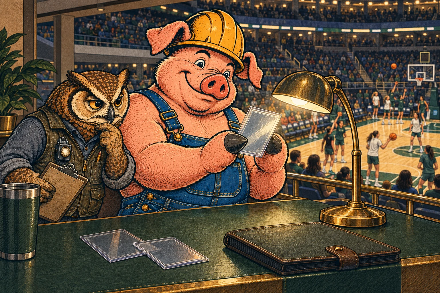Hammy and Lemmy examine basketball cards at an arena.