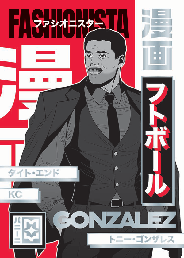Tony Gonzalez in a suit on a red, white and black Fashionista card.