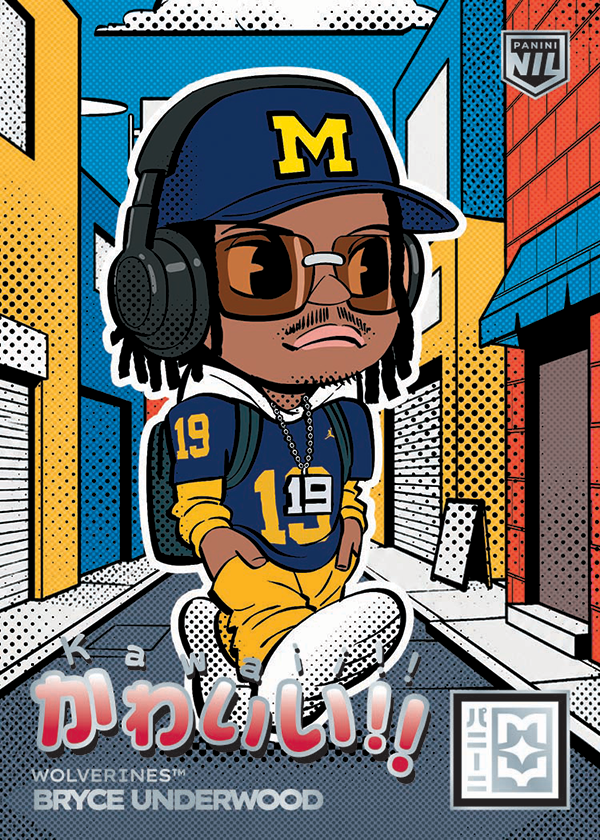 Bryce Underwood as a small-body caricature with headphones, tinted glasses and Michigan colors.