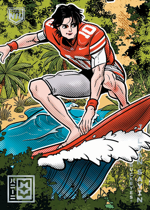 Julian Sayin surfing in his red football jersey on a densely illustrated Murals card.