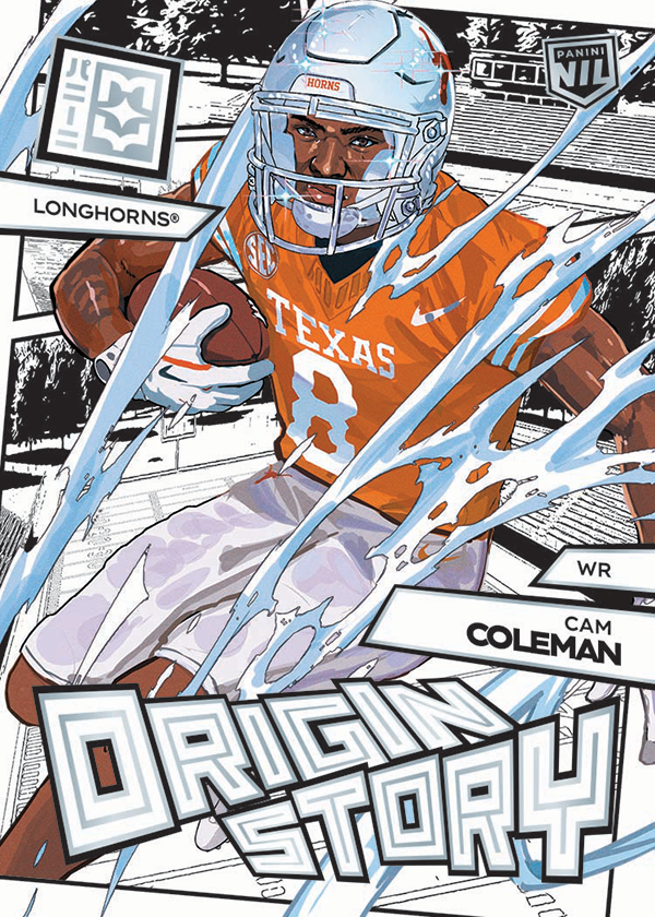 Cam Coleman carrying a football in a Texas uniform across comic panels and pale-blue streaks.