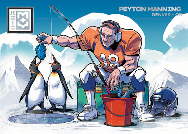 Peyton Manning in an orange Denver uniform ice fishing beside two penguins on a Winter Wonderland card.
