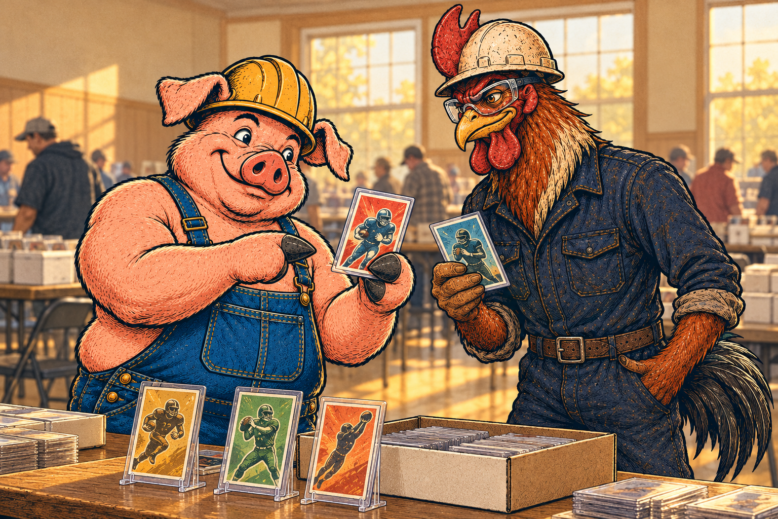 Hammy and Riggs comparing illustrated football cards at a card show.