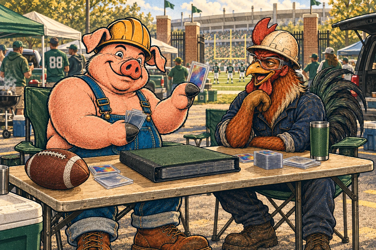 Hammy and Riggs examine cards at a football tailgate.