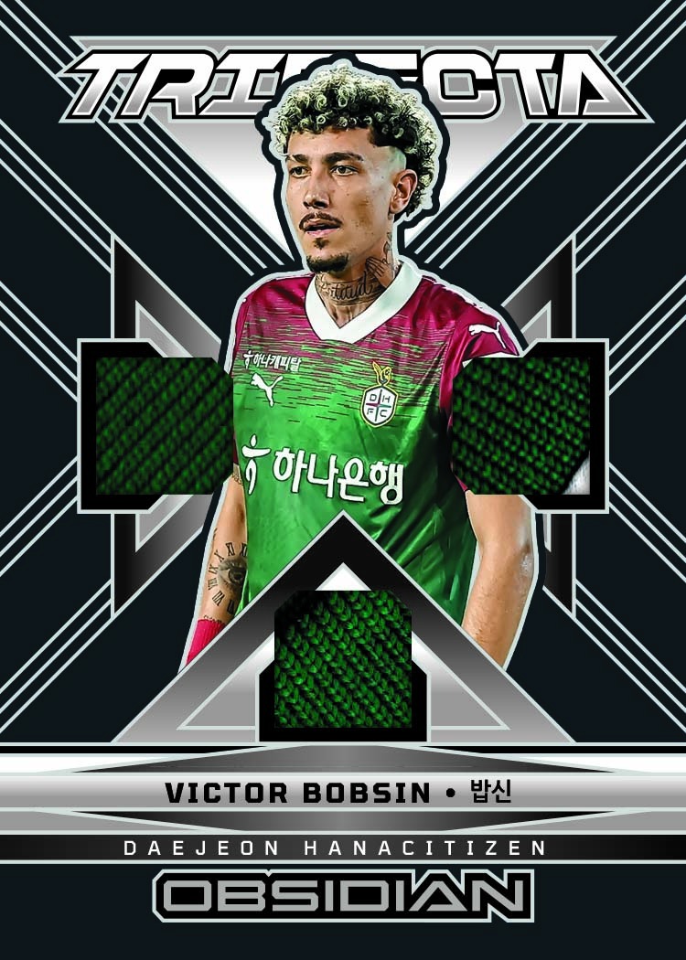 Victor Bobsin in Daejeon's green-and-maroon shirt framed by three memorabilia windows on Trifecta Material.