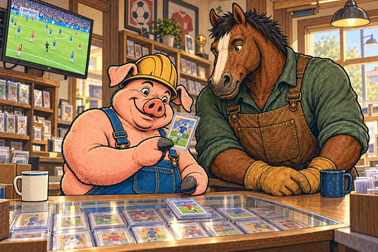 Hammy shows Clyde a protected soccer card at the shop counter while a match plays on a wall-mounted television.