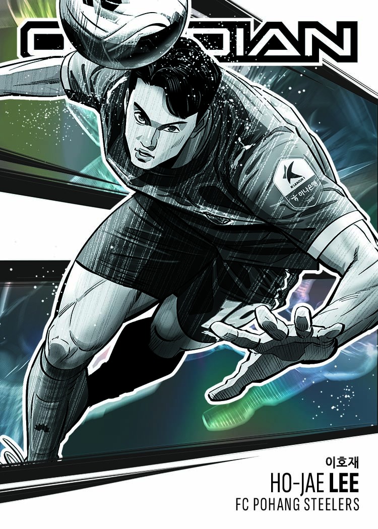 Ho-Jae Lee illustrated in black and white, leaning toward the viewer beneath a soccer ball on his Manga card.