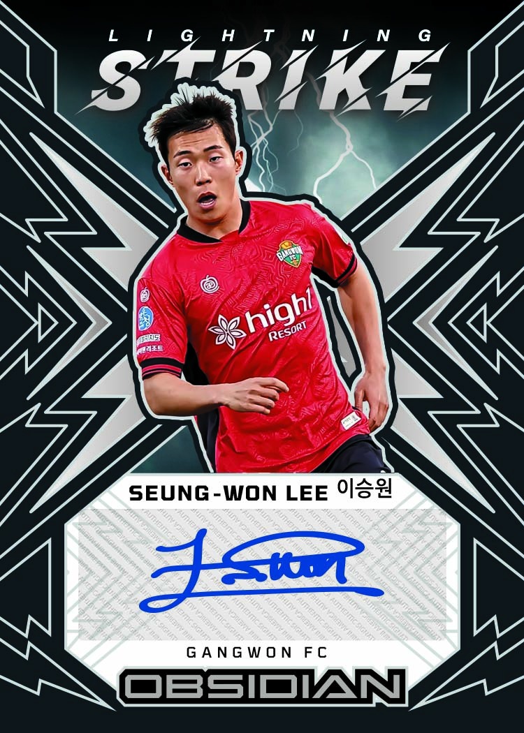 Seung-Won Lee pictured in a red shirt on Lightning Strike, with silver zigzag borders and an autograph panel below.