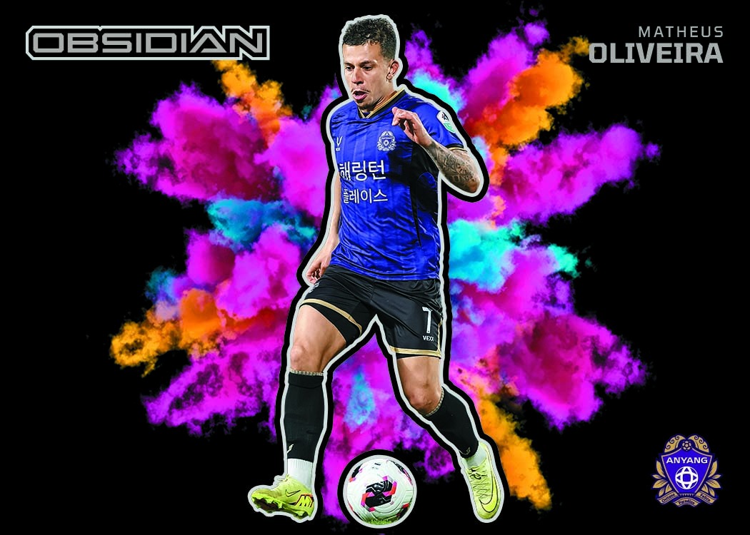 Matheus Oliveira in FC Anyang blue against pink, purple, turquoise and orange clouds on a horizontal Black Color Blast card.