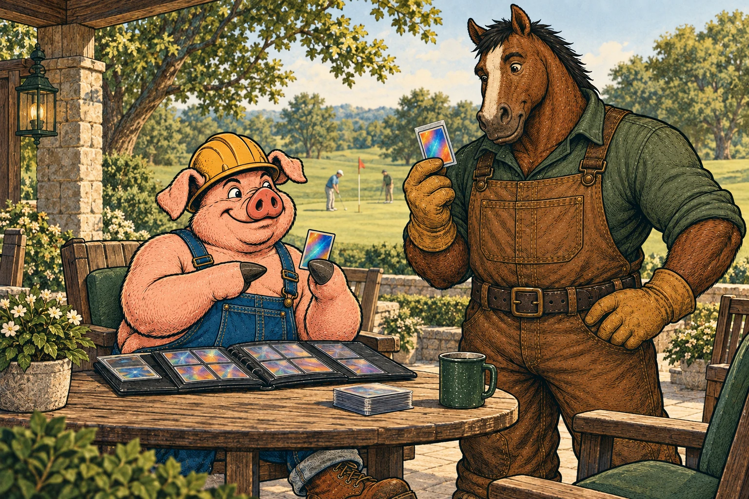 Hammy and Clyde compare golf cards beside a putting green.